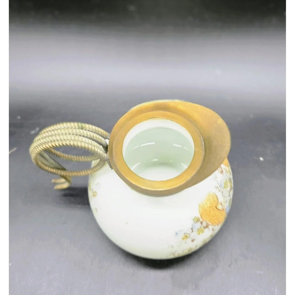 Antique CF Monroe Co Creamer Mini Pitcher Glass Blue Flowers Gold Scroll